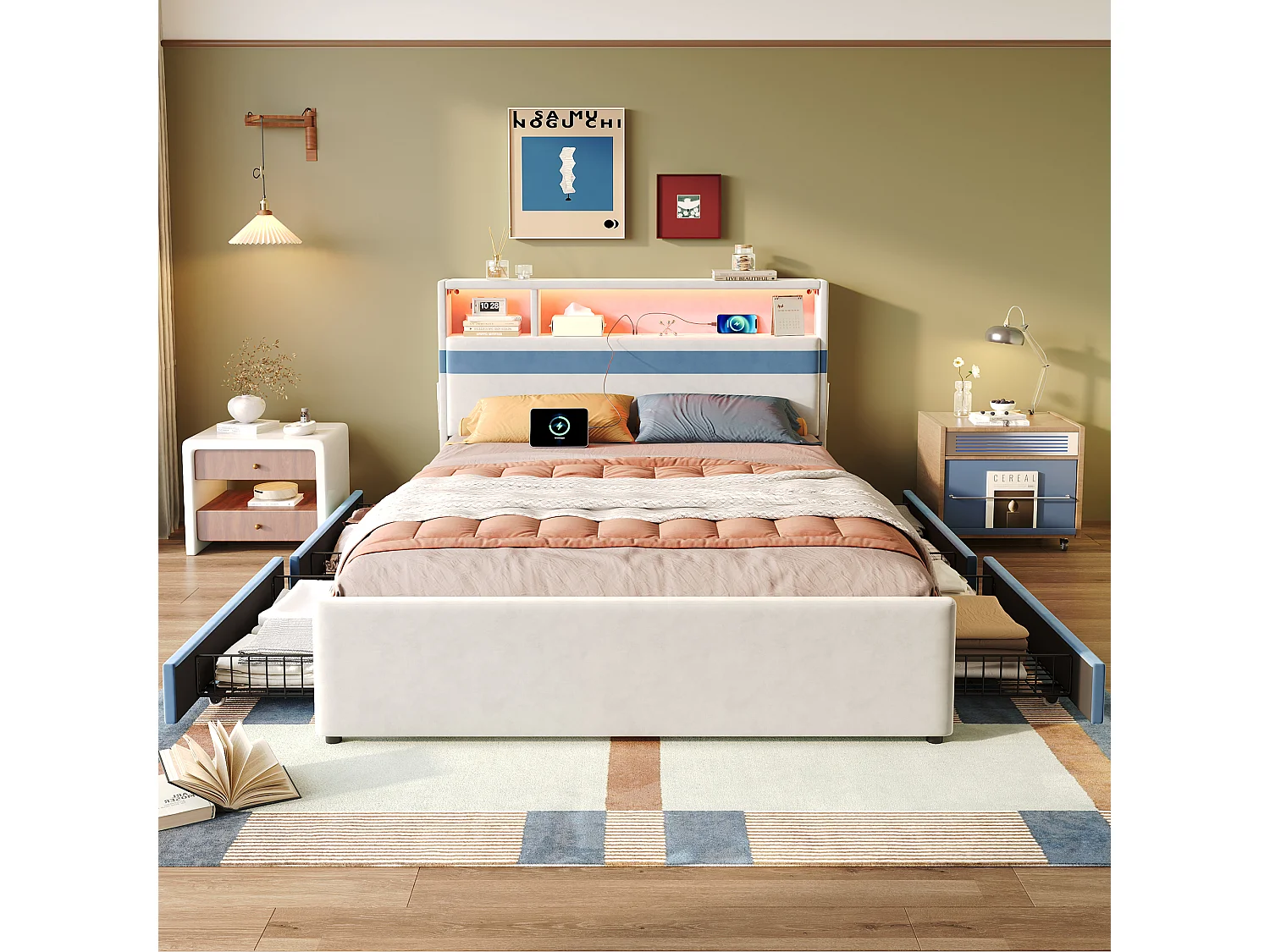 Lit rembourré pour enfants 140x200cm - avec 4 tiroirs - avec éclairage LED et un port de charge USB - tissu velours - Blanc + Bleu (sans matelas)