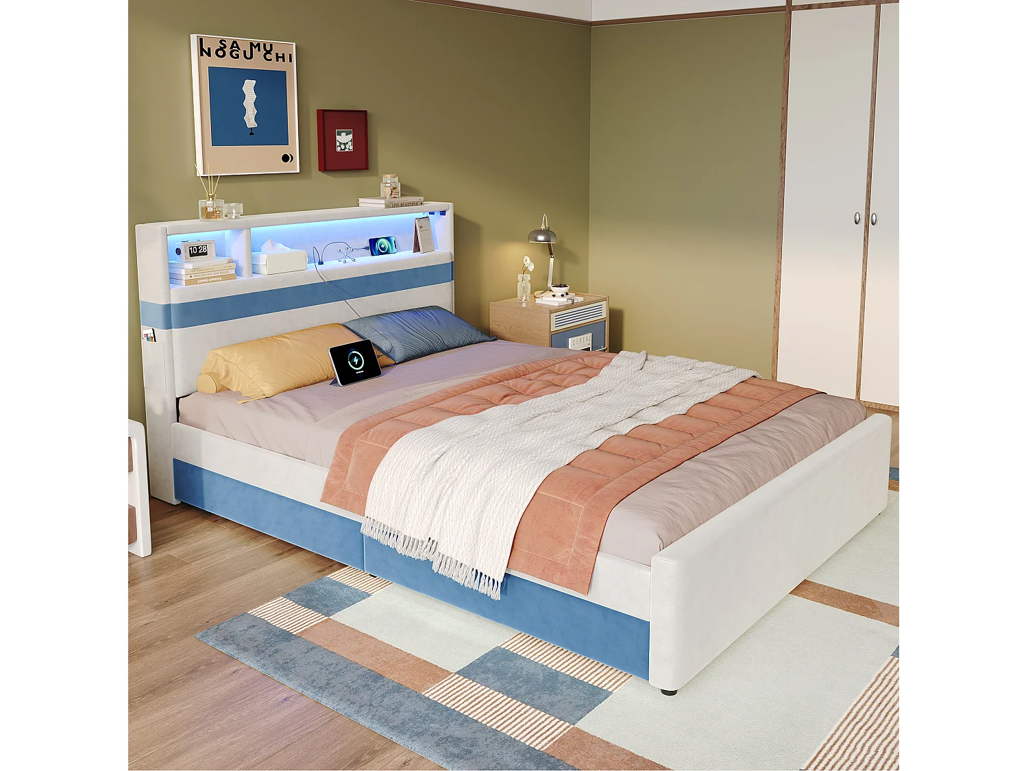 Lit rembourré pour enfants 140x200cm - avec 4 tiroirs - avec éclairage LED et un port de charge USB - tissu velours - Blanc + Bleu (sans matelas)