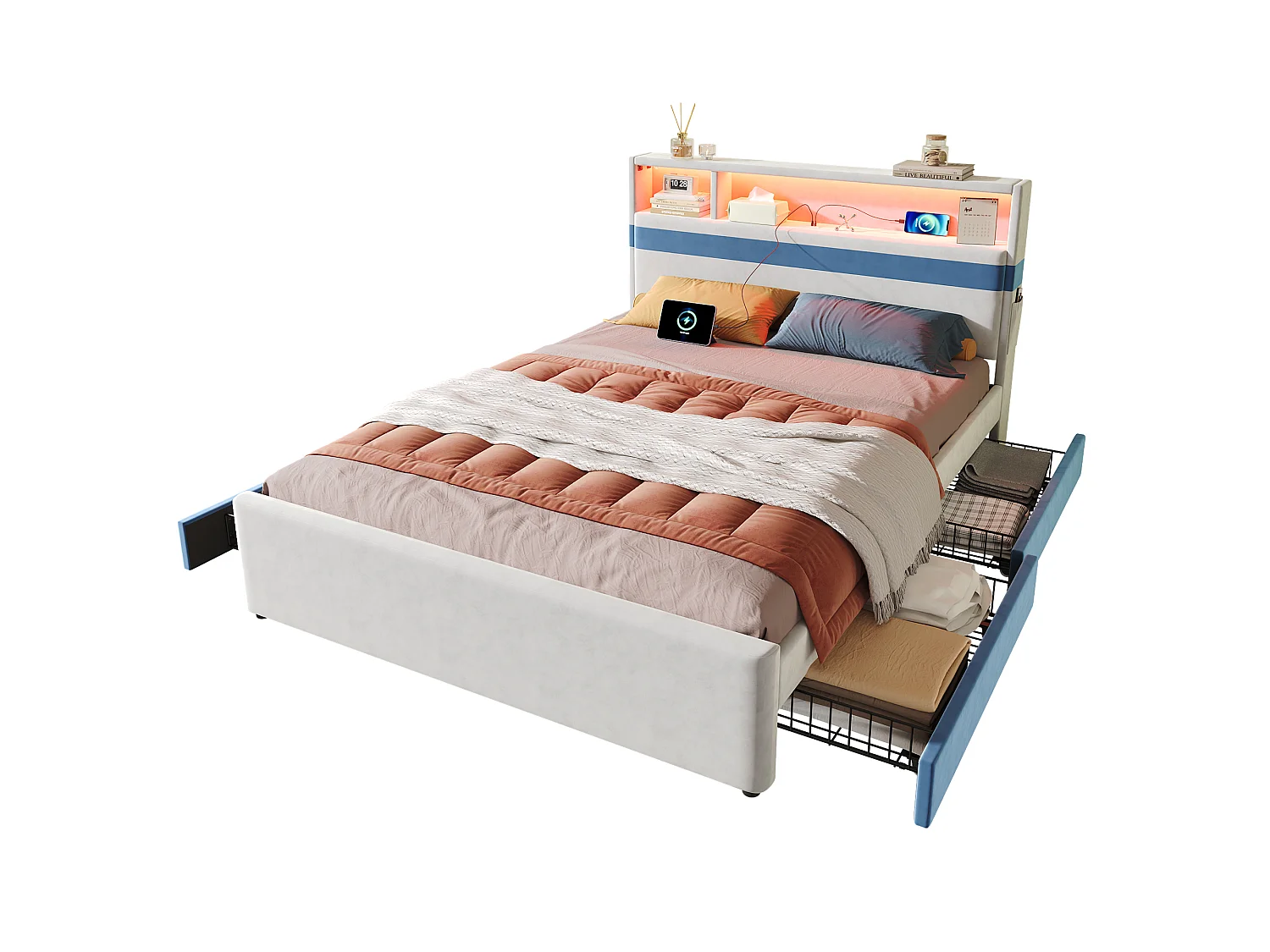 Lit rembourré pour enfants 140x200cm - avec 4 tiroirs - avec éclairage LED et un port de charge USB - tissu velours - Blanc + Bleu (sans matelas)
