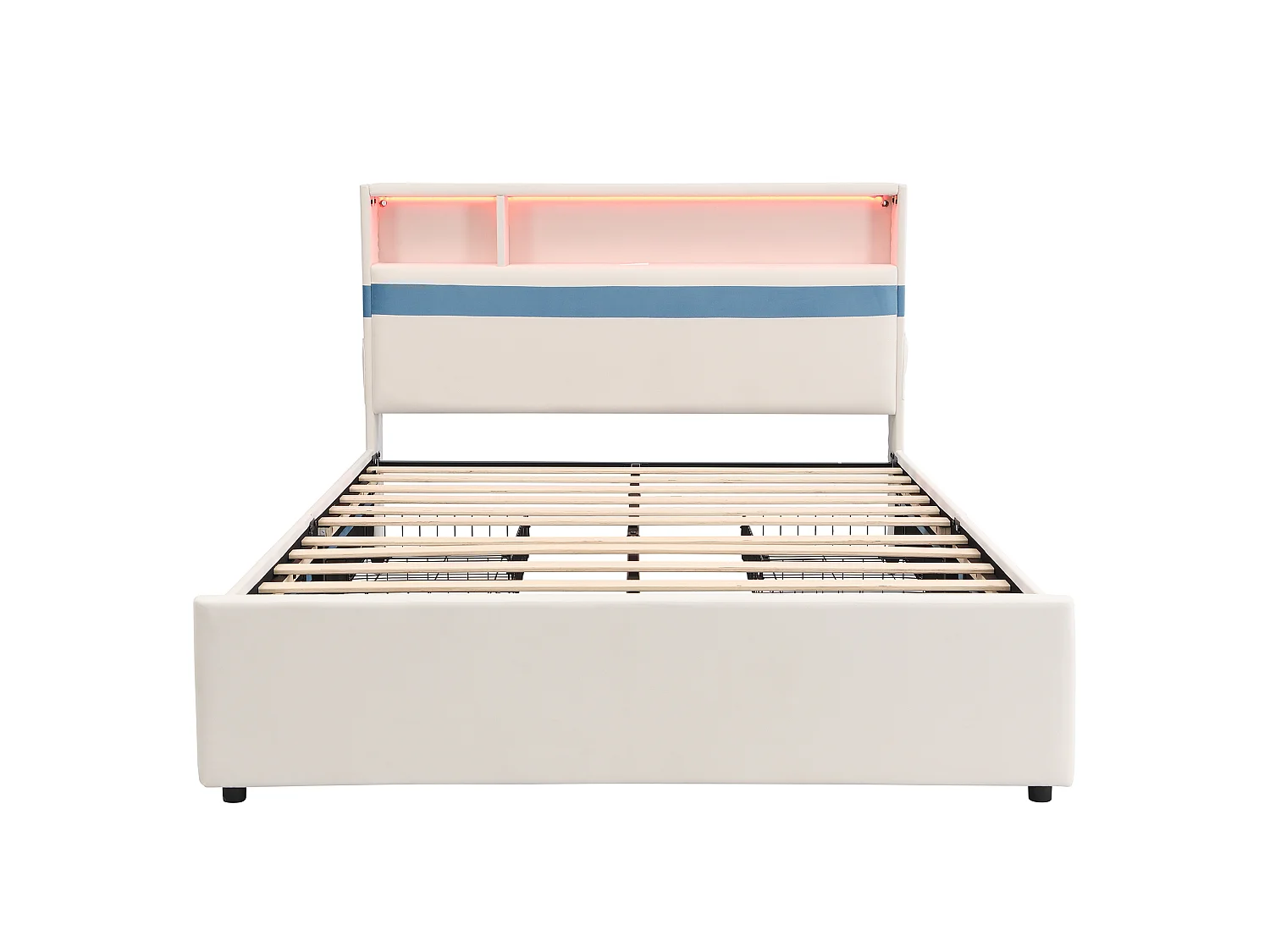 Lit rembourré pour enfants 140x200cm - avec 4 tiroirs - avec éclairage LED et un port de charge USB - tissu velours - Blanc + Bleu (sans matelas)