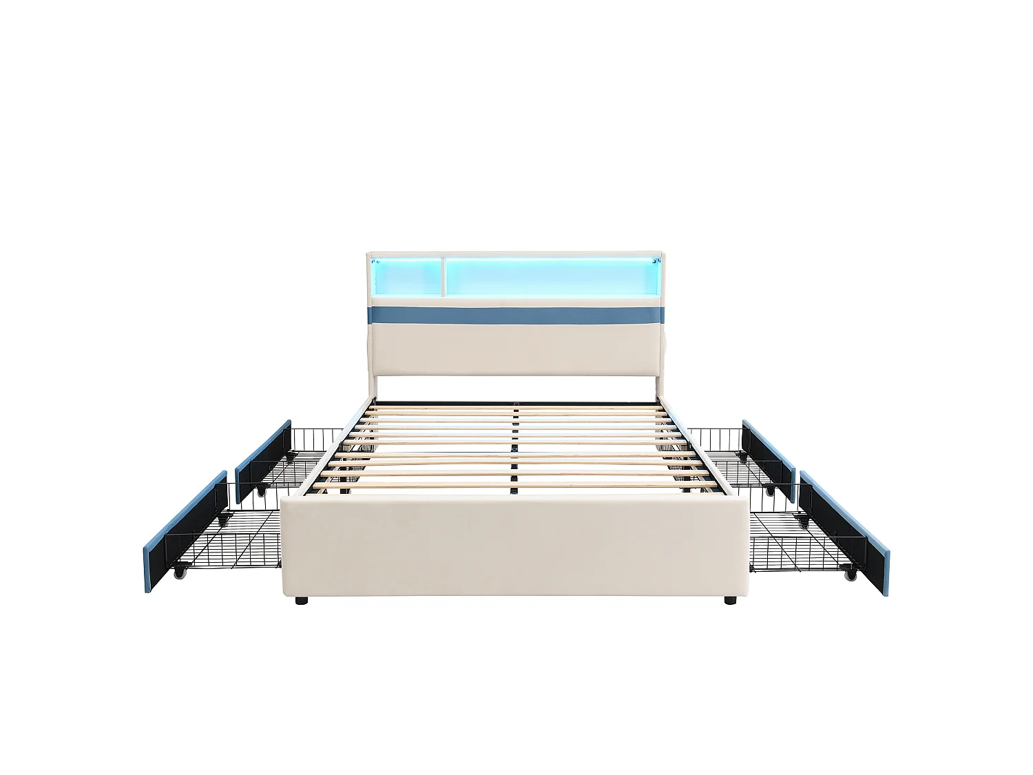 Lit rembourré pour enfants 140x200cm - avec 4 tiroirs - avec éclairage LED et un port de charge USB - tissu velours - Blanc + Bleu (sans matelas)
