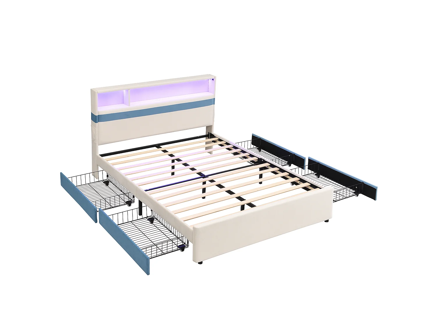 Lit rembourré pour enfants 140x200cm - avec 4 tiroirs - avec éclairage LED et un port de charge USB - tissu velours - Blanc + Bleu (sans matelas)