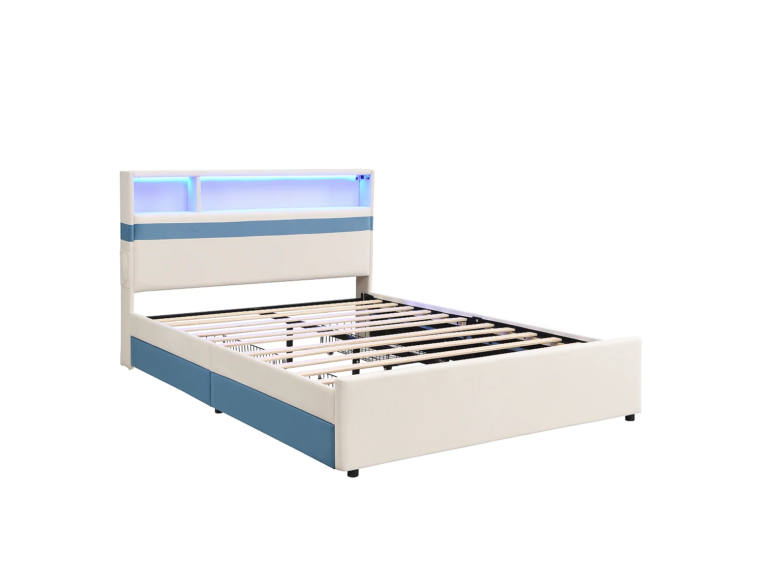 Lit rembourré pour enfants 140x200cm - avec 4 tiroirs - avec éclairage LED et un port de charge USB - tissu velours - Blanc + Bleu (sans matelas)