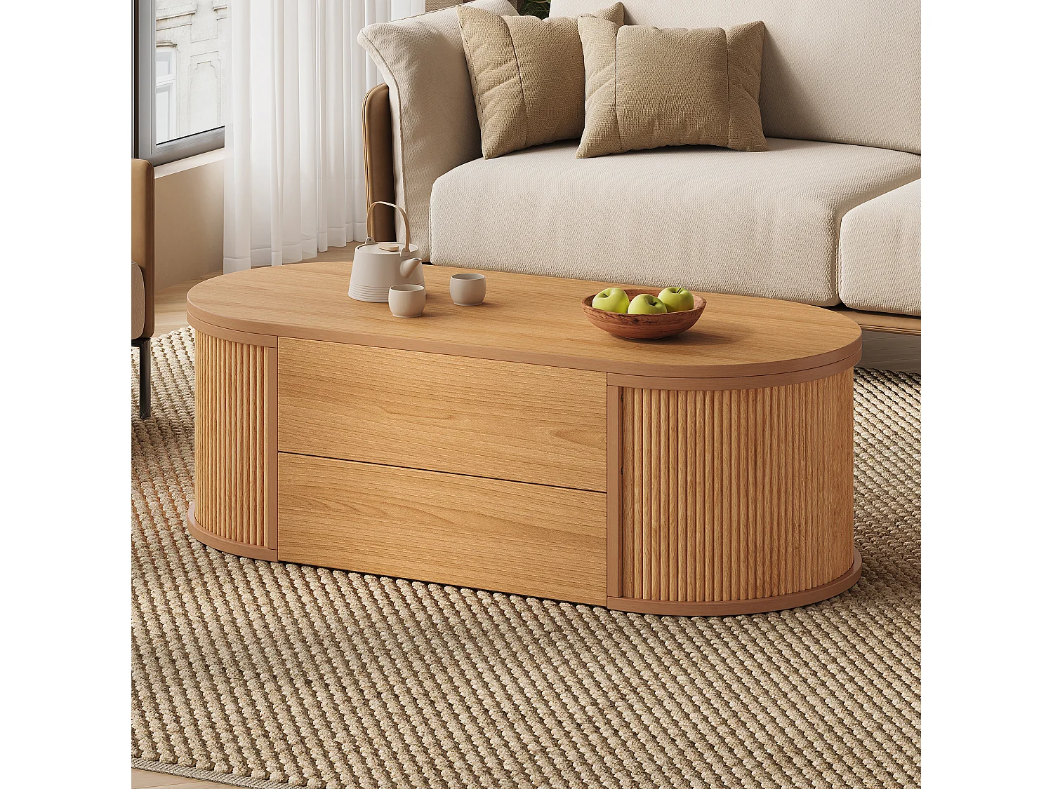 Stolik kawowy podnoszony 100x50x35 cm - 1 szuflada i ukryty schowek - Wykończenie imitujące drewno - Design owalny - Naturalny