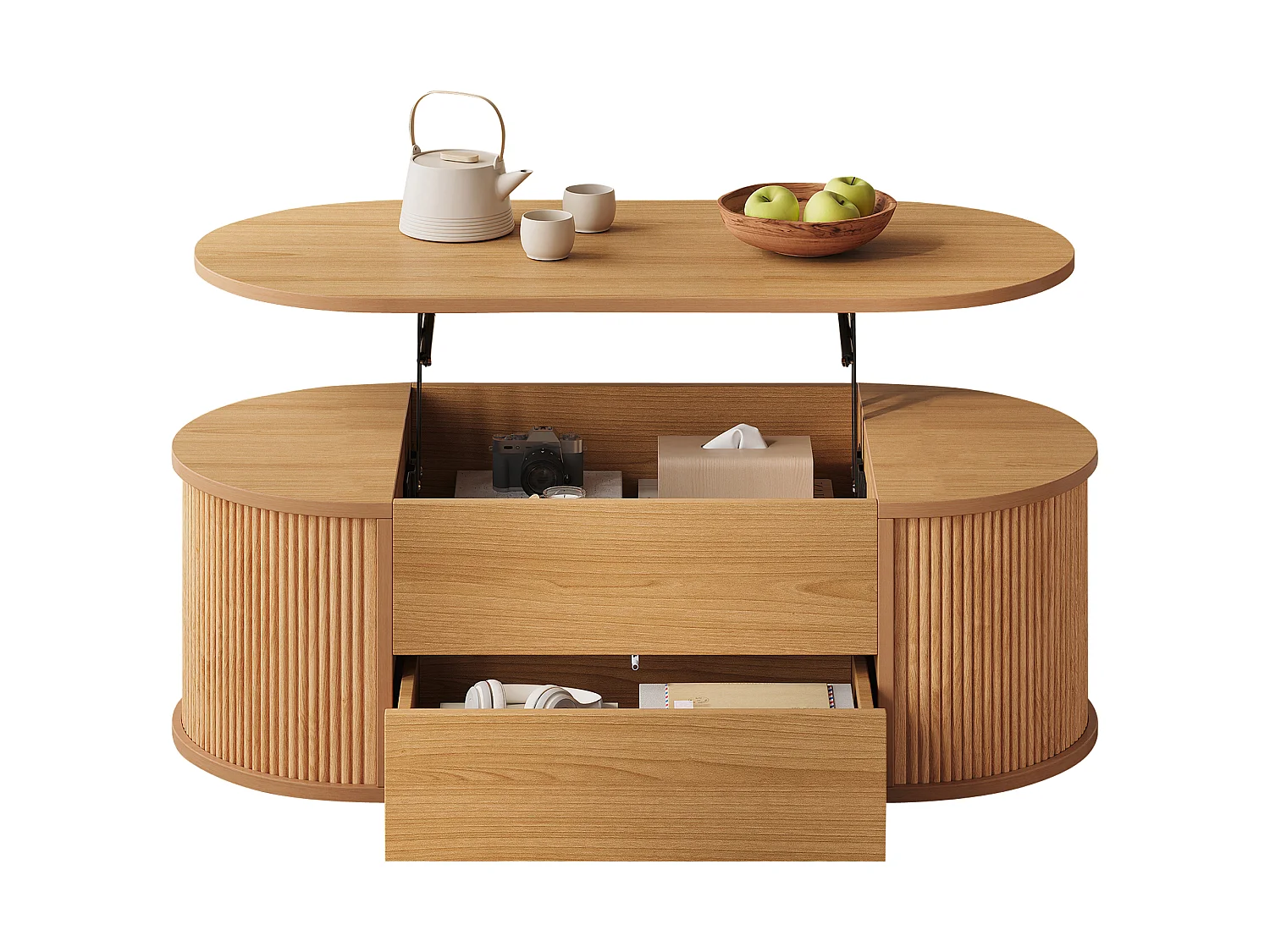 Stolik kawowy podnoszony 100x50x35 cm - 1 szuflada i ukryty schowek - Wykończenie imitujące drewno - Design owalny - Naturalny