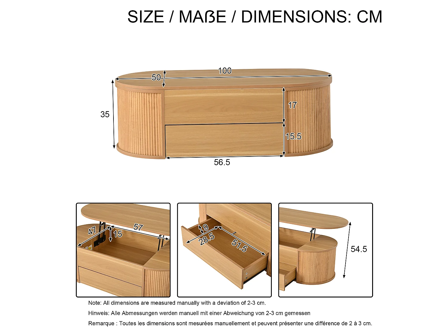 Stolik kawowy podnoszony 100x50x35 cm - 1 szuflada i ukryty schowek - Wykończenie imitujące drewno - Design owalny - Naturalny