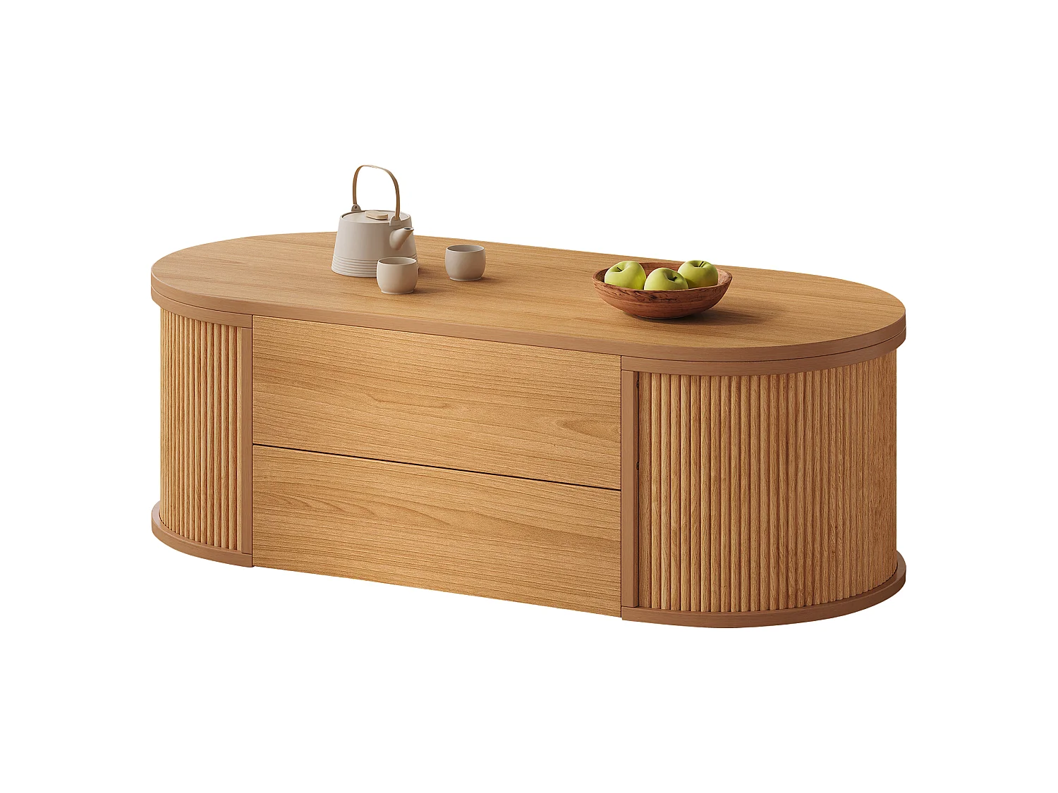 Stolik kawowy podnoszony 100x50x35 cm - 1 szuflada i ukryty schowek - Wykończenie imitujące drewno - Design owalny - Naturalny