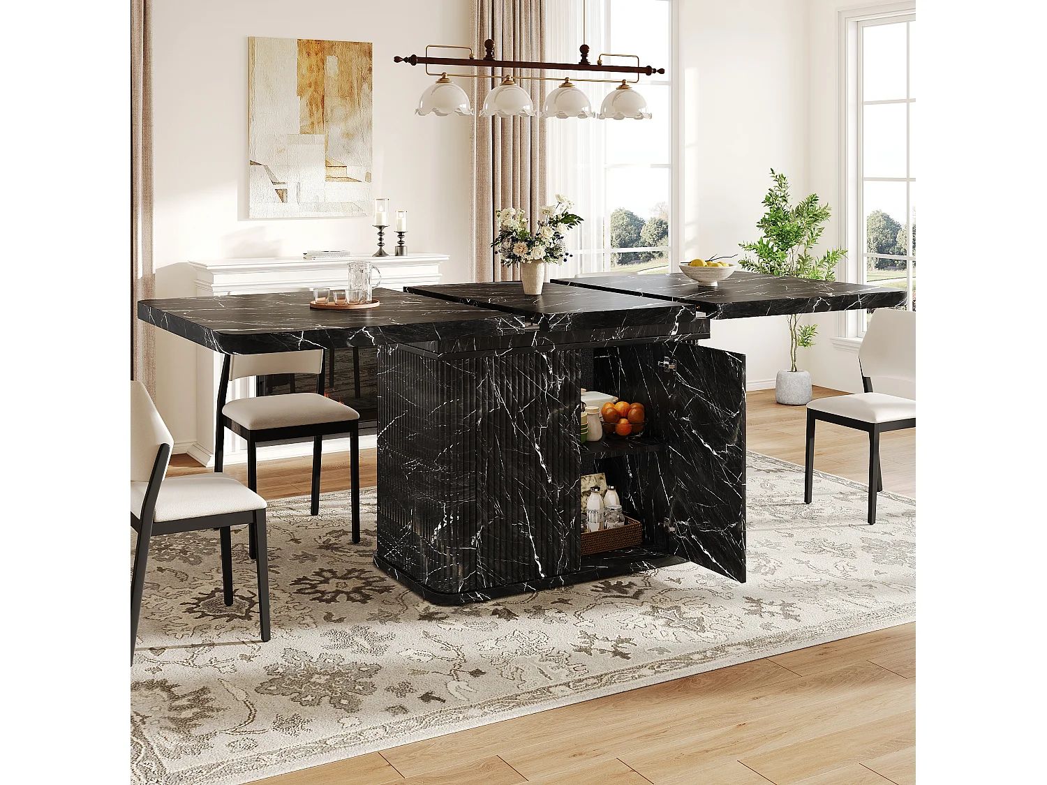 Table à Manger Extensible 140-180cm en Effet Marbre - Table de Repas Multifonction avec Rangement Caché & Reliefs Verticaux, Style Contemporain - Effet Marbre Noir