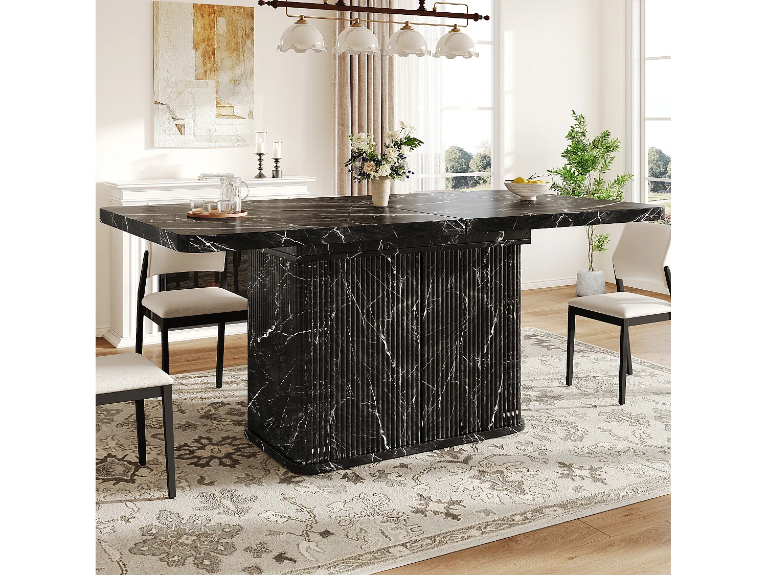 Table à Manger Extensible 140-180cm en Effet Marbre - Table de Repas Multifonction avec Rangement Caché & Reliefs Verticaux, Style Contemporain - Effet Marbre Noir