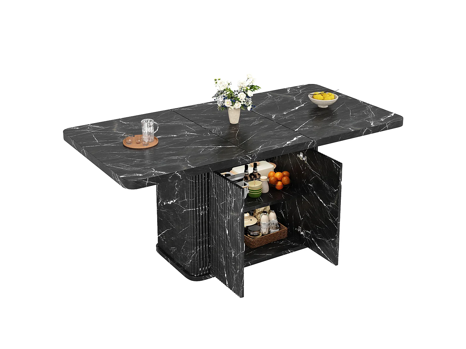Table à Manger Extensible 140-180cm en Effet Marbre - Table de Repas Multifonction avec Rangement Caché & Reliefs Verticaux, Style Contemporain - Effet Marbre Noir