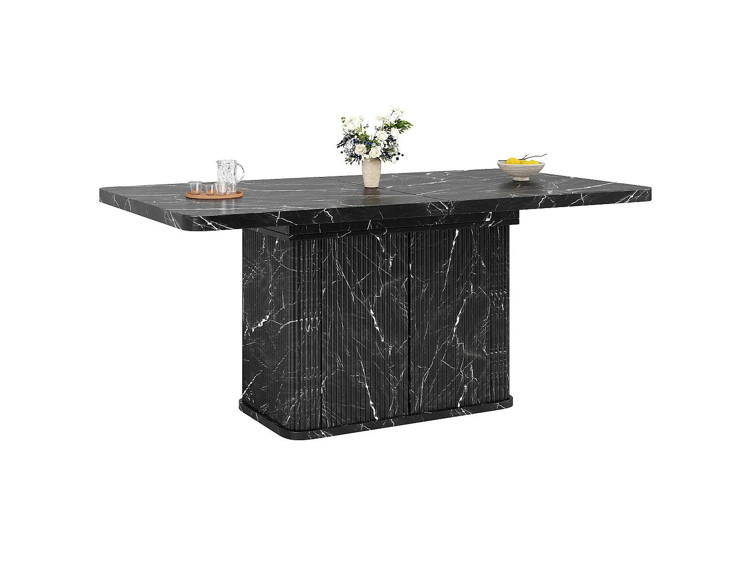 Table à Manger Extensible 140-180cm en Effet Marbre - Table de Repas Multifonction avec Rangement Caché & Reliefs Verticaux, Style Contemporain - Effet Marbre Noir