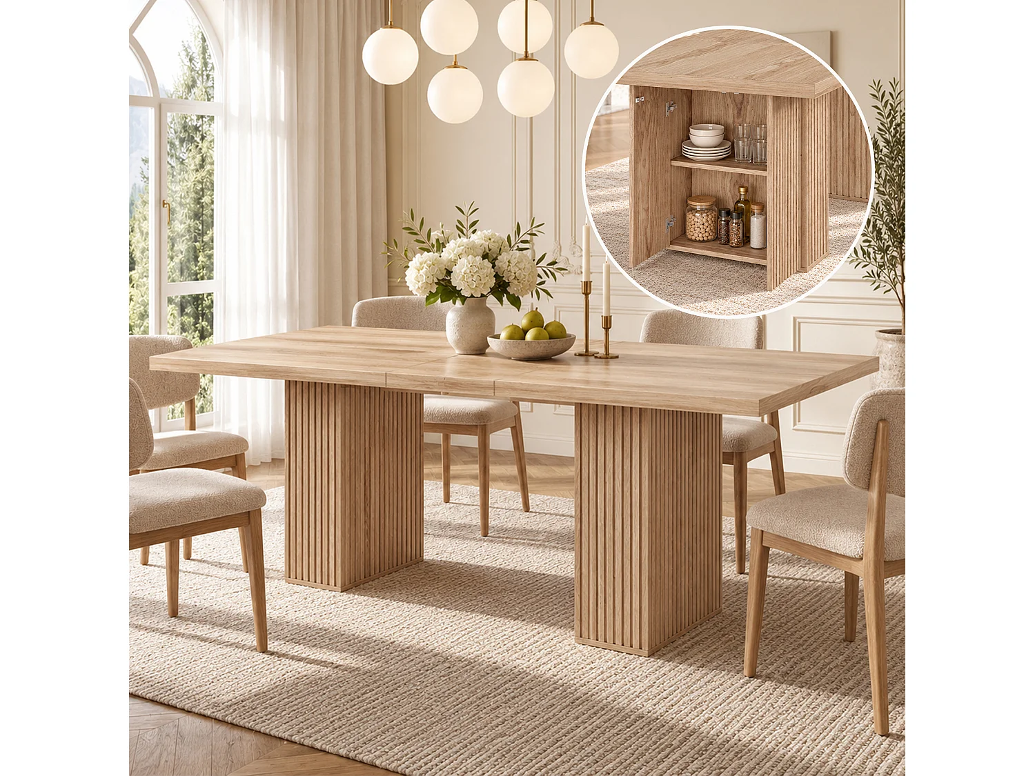 Table à manger extensible 150/190x90 cm - Capacité 6 à 8 personnes - Rangement intégré - Plateau épais - MDF - Naturel