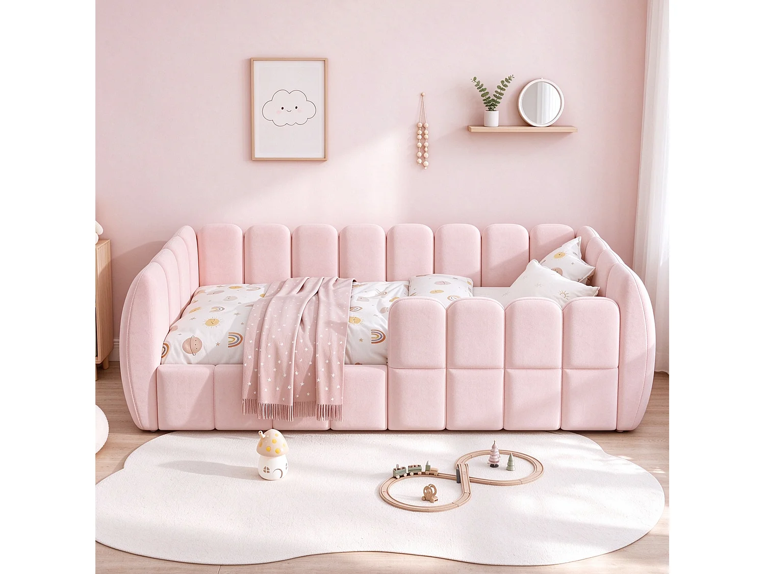 Lit rembourré pour enfant 90 x 200 cm – Velours – Coins arrondis – Rose (matelas non inclus)