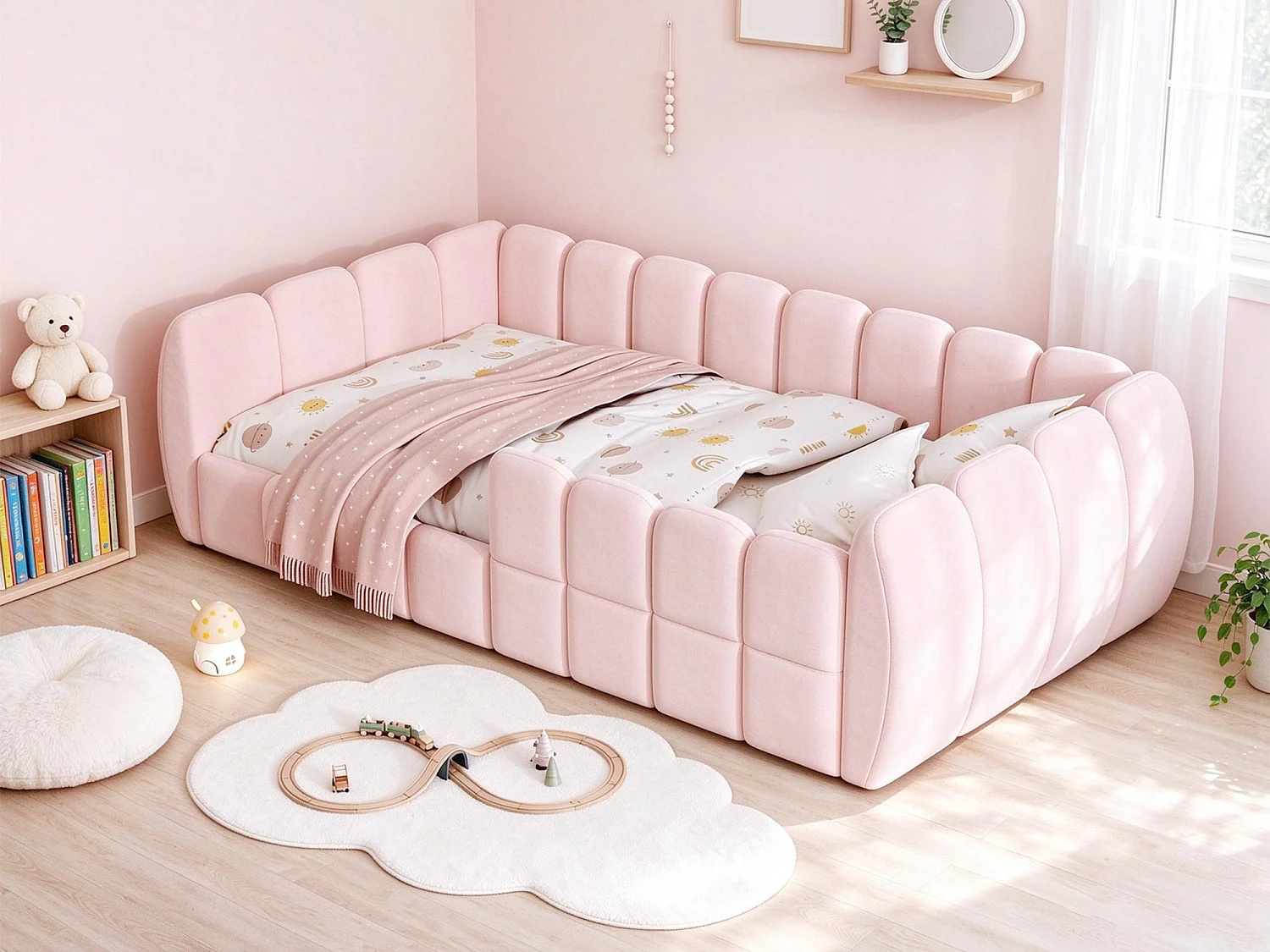 Lit rembourré pour enfant 90 x 200 cm – Velours – Coins arrondis – Rose (matelas non inclus)