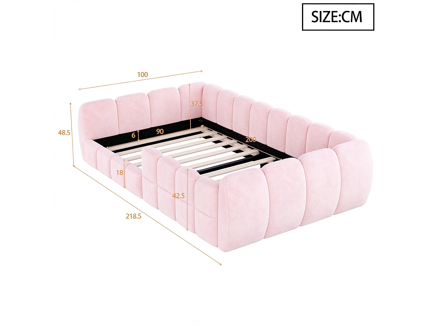 Lit rembourré pour enfant 90 x 200 cm – Velours – Coins arrondis – Rose (matelas non inclus)