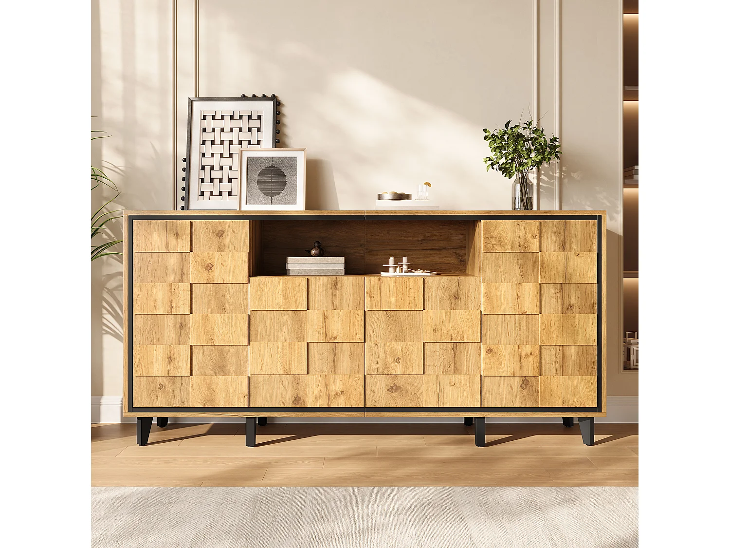 Buffet / Meuble de rangement 160x35x76cm - ​​4 portes et compartiment ouvert - Design texturé - Sans poignées - MDF - Naturel