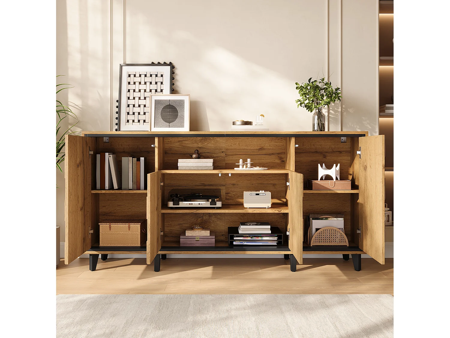 Buffet / Meuble de rangement 160x35x76cm - ​​4 portes et compartiment ouvert - Design texturé - Sans poignées - MDF - Naturel