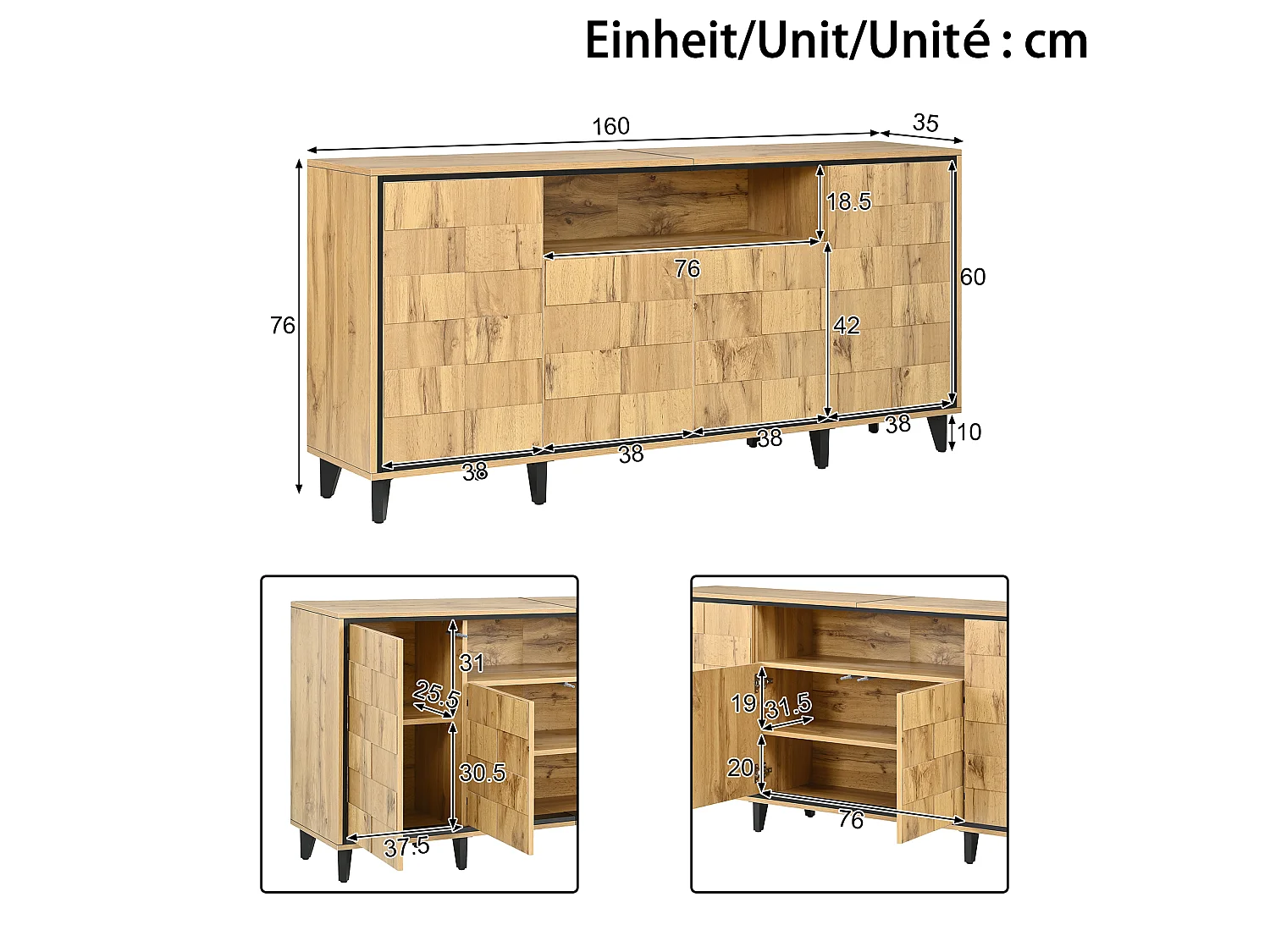 Buffet / Meuble de rangement 160x35x76cm - ​​4 portes et compartiment ouvert - Design texturé - Sans poignées - MDF - Naturel