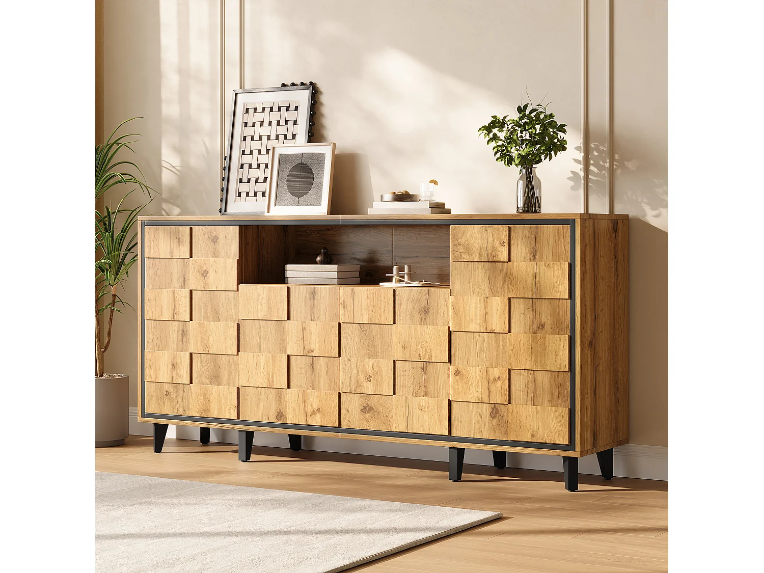 Buffet / Meuble de rangement 160x35x76cm - ​​4 portes et compartiment ouvert - Design texturé - Sans poignées - MDF - Naturel