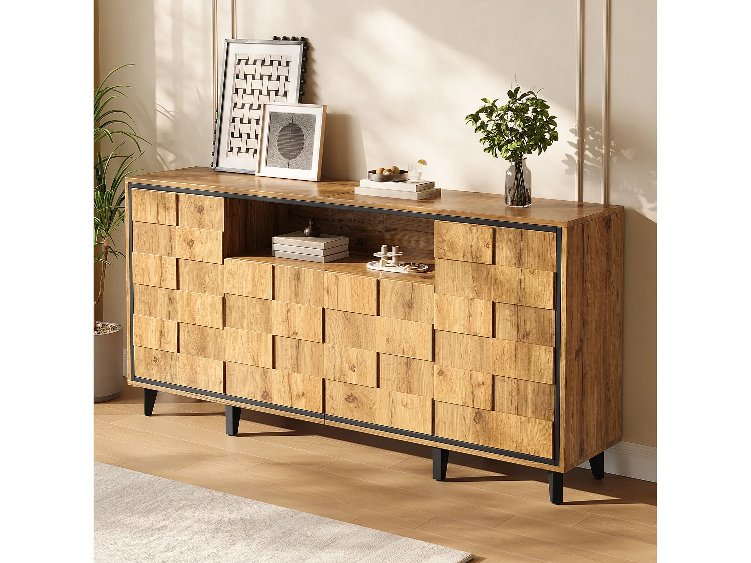 Buffet / Meuble de rangement 160x35x76cm - ​​4 portes et compartiment ouvert - Design texturé - Sans poignées - MDF - Naturel