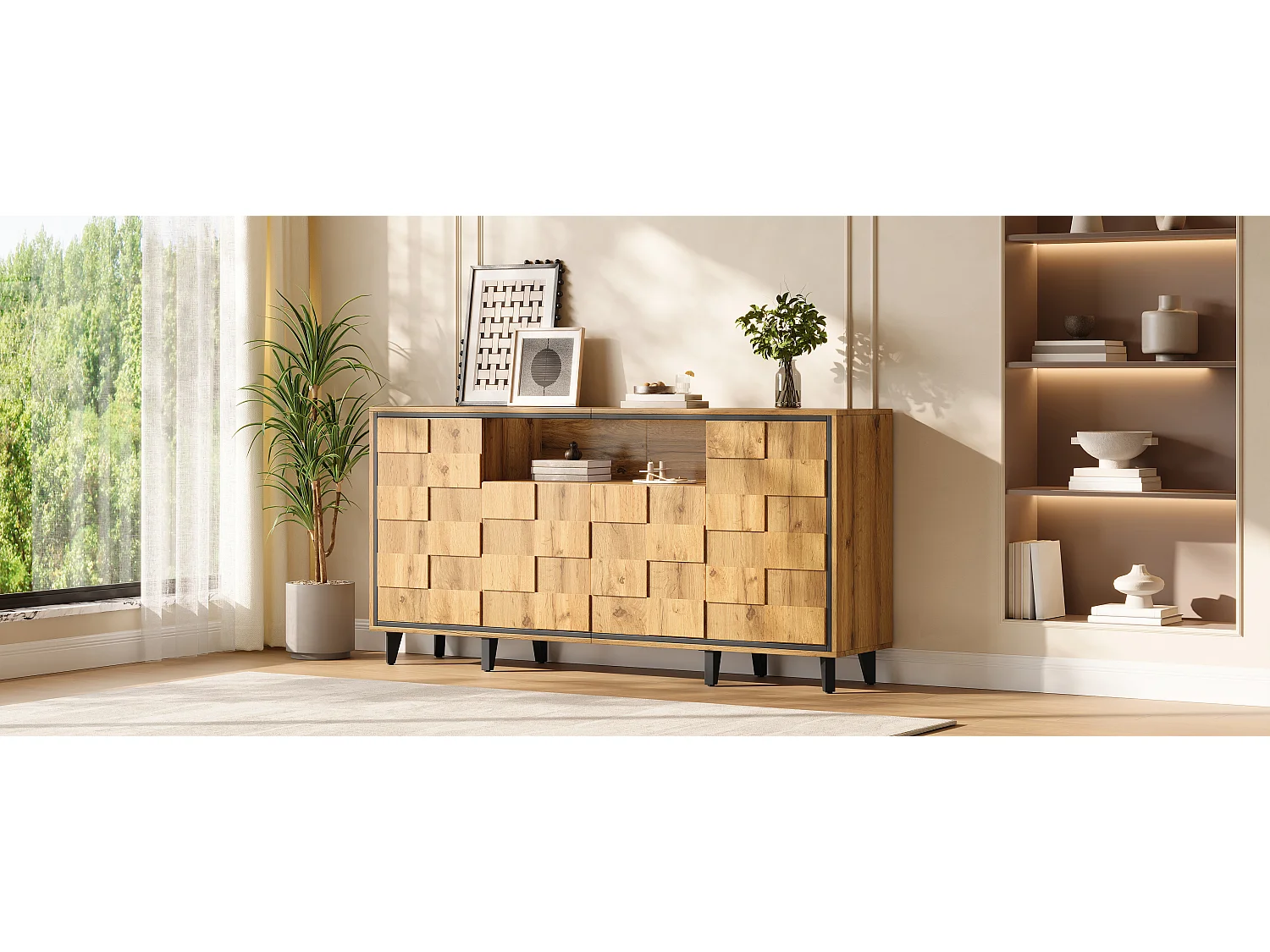 Buffet / Meuble de rangement 160x35x76cm - ​​4 portes et compartiment ouvert - Design texturé - Sans poignées - MDF - Naturel