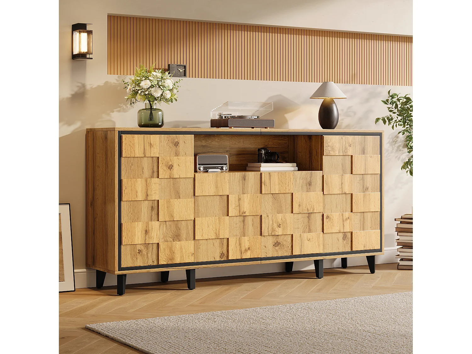 Buffet / Meuble de rangement 160x35x76cm - ​​4 portes et compartiment ouvert - Design texturé - Sans poignées - MDF - Naturel