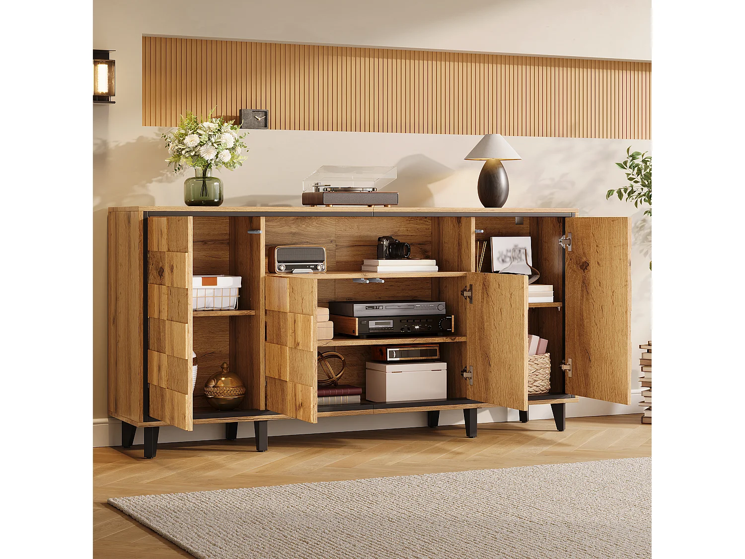 Buffet / Meuble de rangement 160x35x76cm - ​​4 portes et compartiment ouvert - Design texturé - Sans poignées - MDF - Naturel
