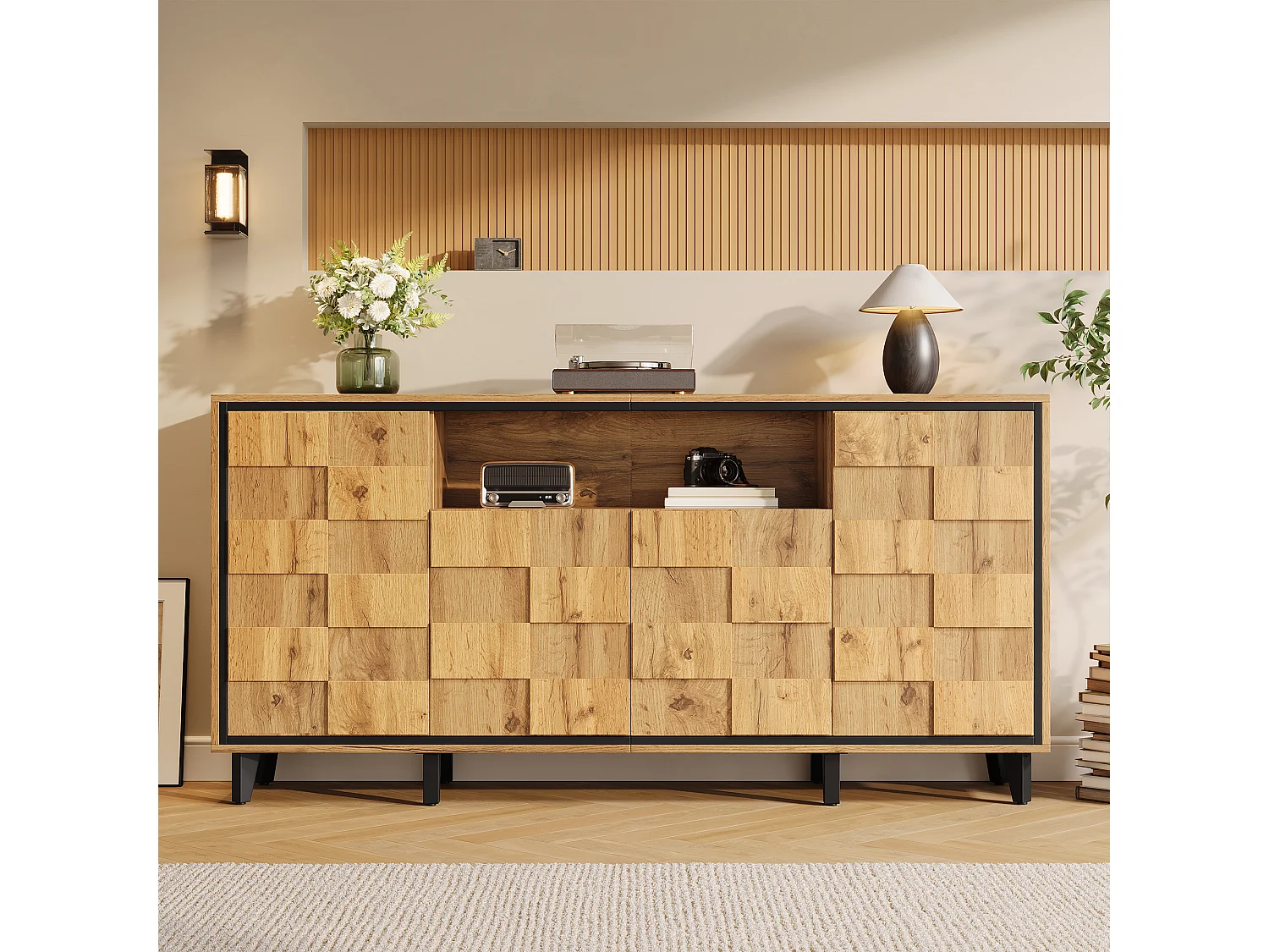 Buffet / Meuble de rangement 160x35x76cm - ​​4 portes et compartiment ouvert - Design texturé - Sans poignées - MDF - Naturel