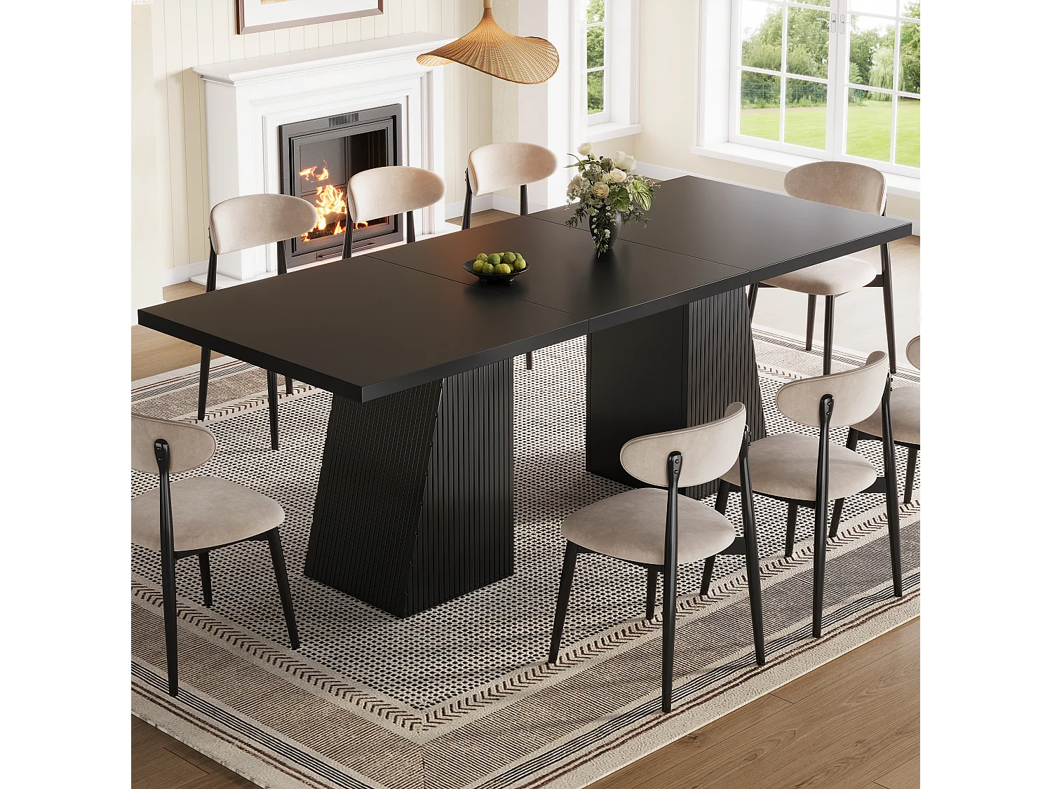 Table à Manger Extensible 120-160cm - Table Repas Rectangulaire avec Pieds Trapézoïdaux & Rillen - Noir