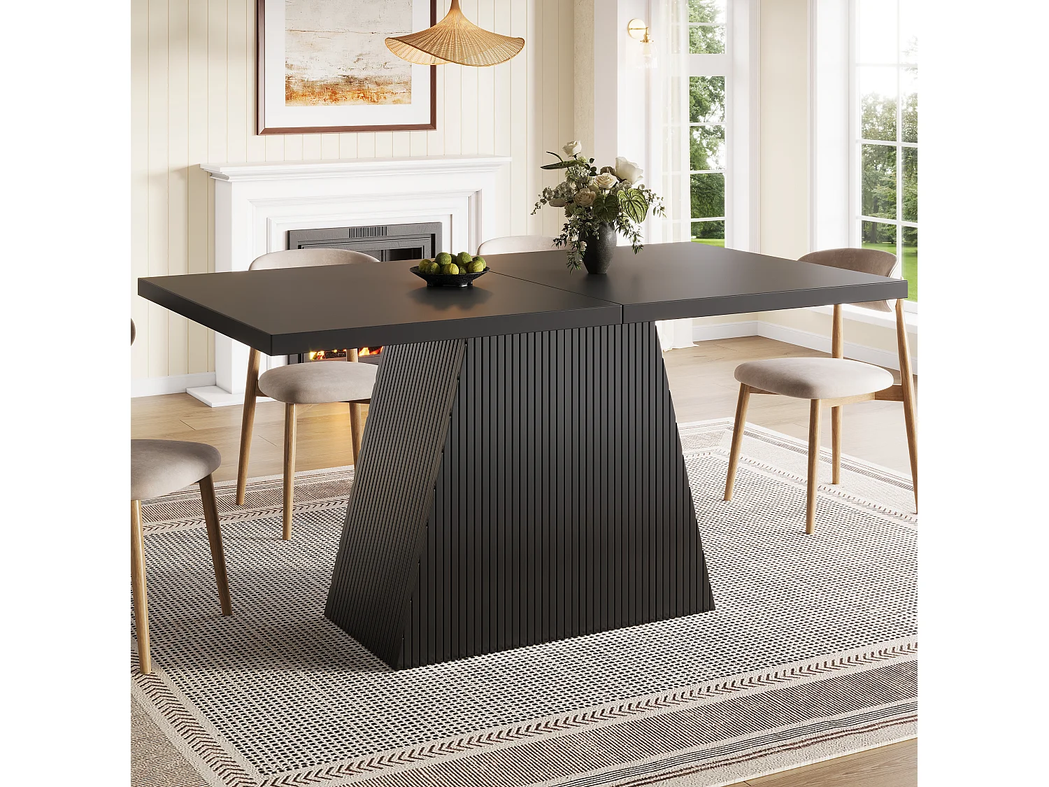 Table à Manger Extensible 120-160cm - Table Repas Rectangulaire avec Pieds Trapézoïdaux & Rillen - Noir