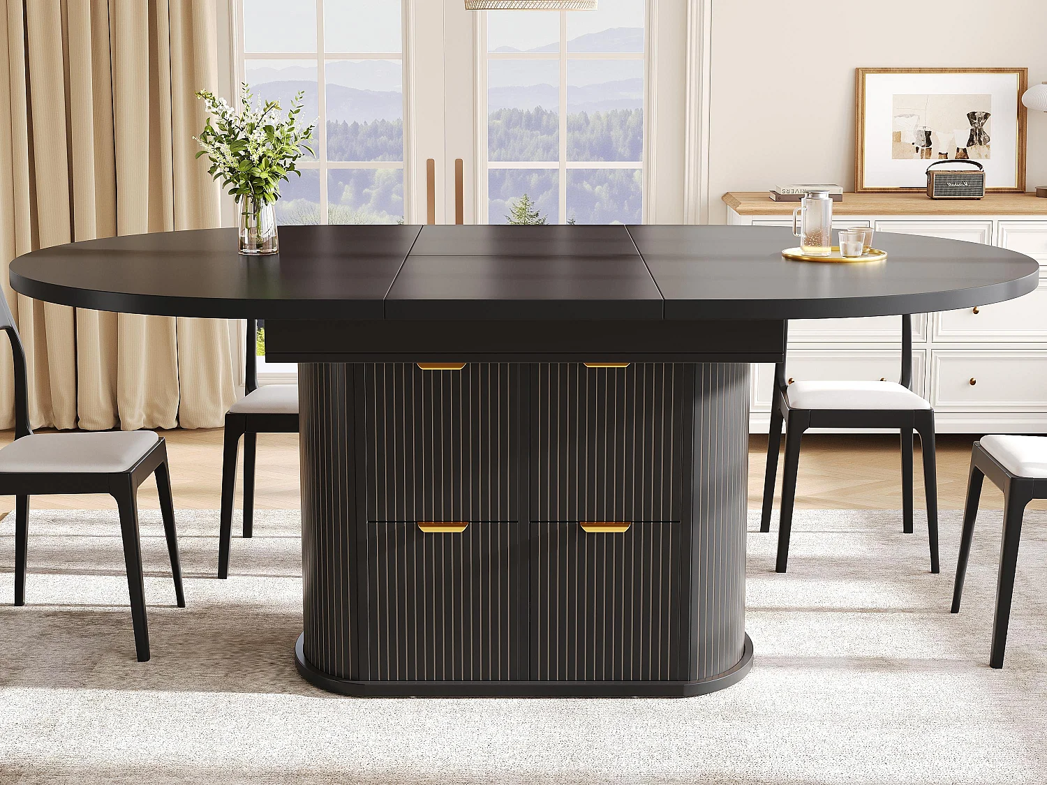 Table à Manger Ovale Extensible 118-158cm - Table Repas Multifonction avec Tiroirs, Portes Abattantes & Reliefs Verticaux - Noir
