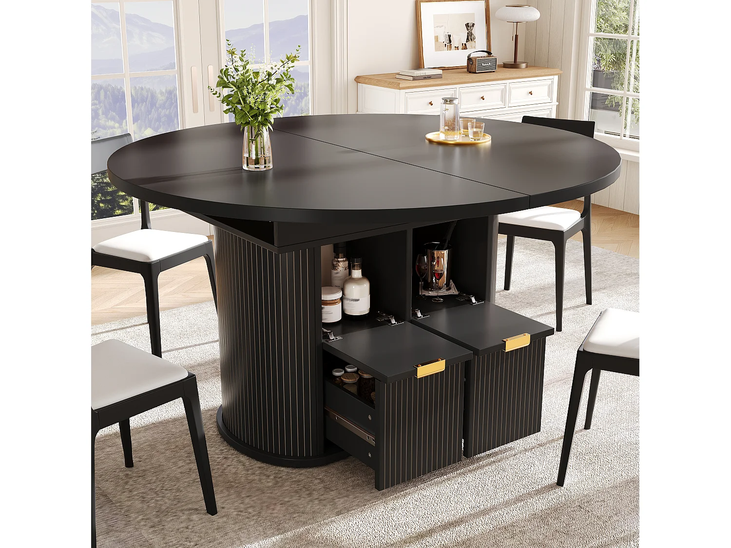 Table à Manger Ovale Extensible 118-158cm - Table Repas Multifonction avec Tiroirs, Portes Abattantes & Reliefs Verticaux - Noir