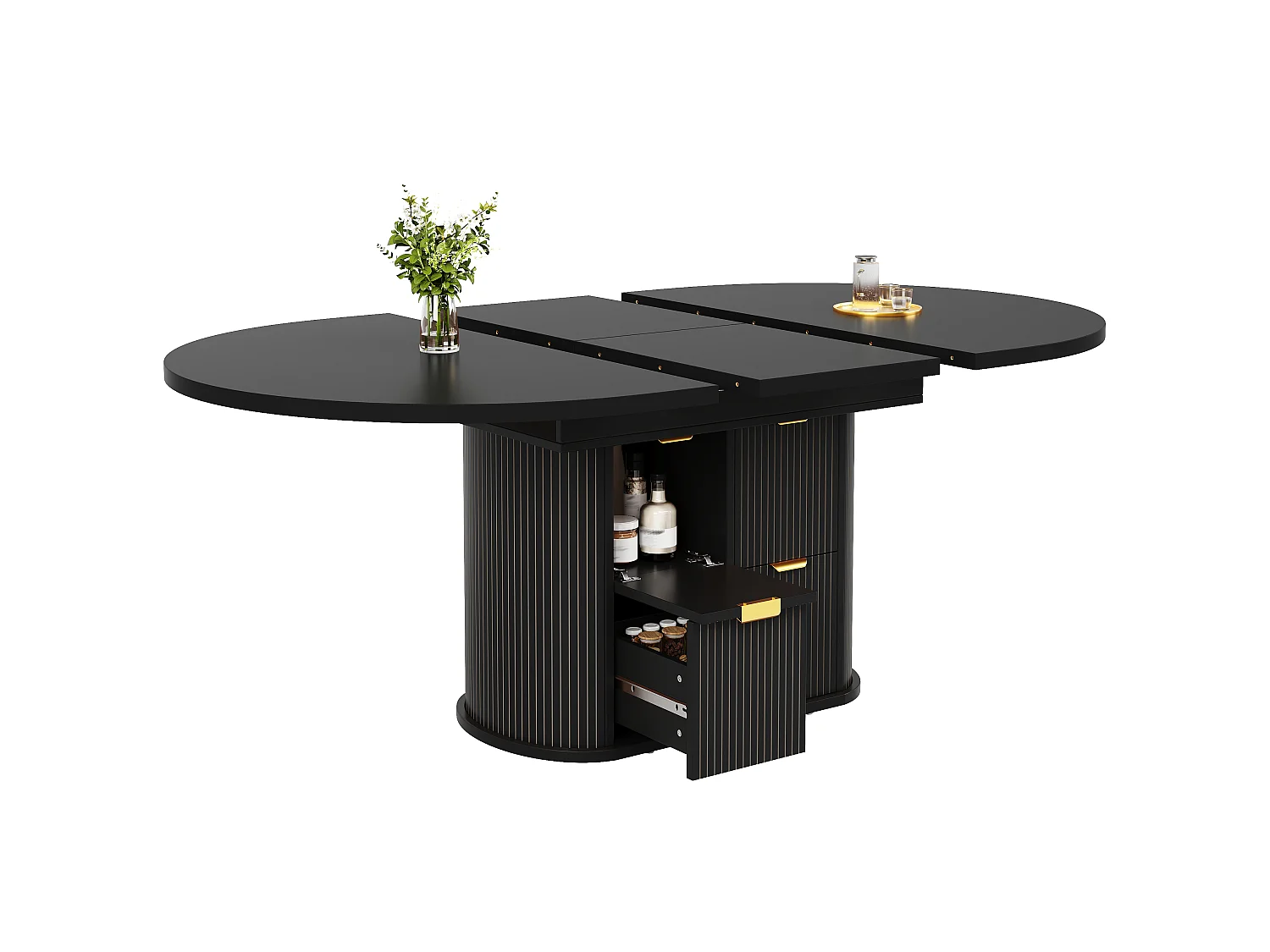 Table à Manger Ovale Extensible 118-158cm - Table Repas Multifonction avec Tiroirs, Portes Abattantes & Reliefs Verticaux - Noir