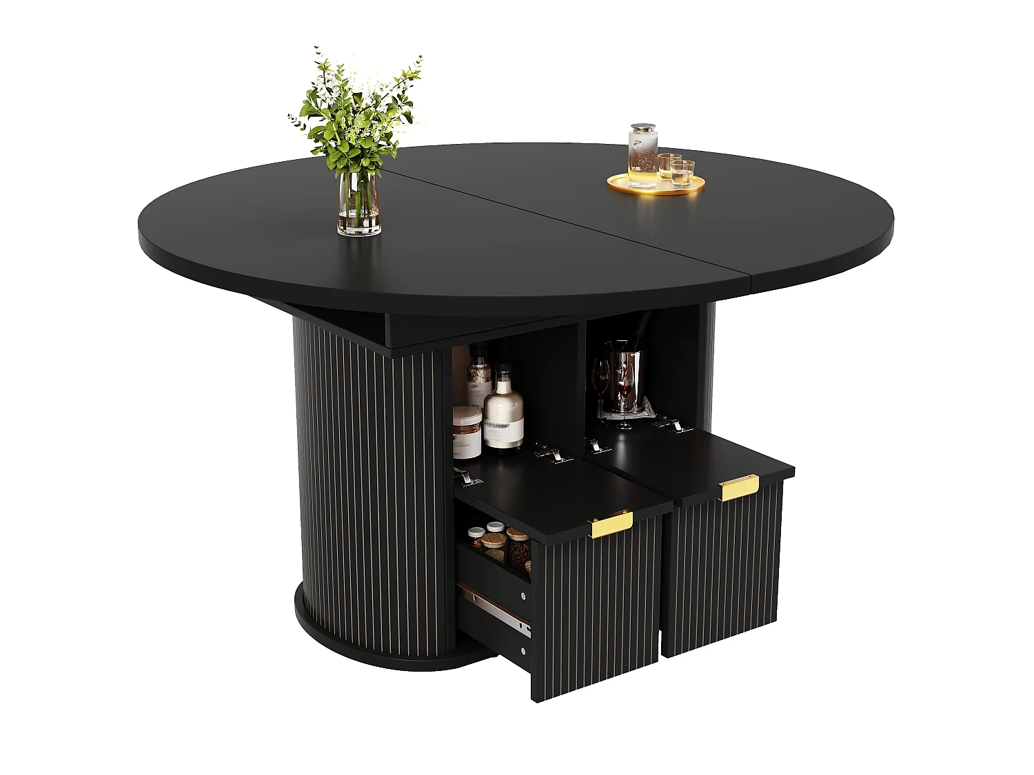 Table à Manger Ovale Extensible 118-158cm - Table Repas Multifonction avec Tiroirs, Portes Abattantes & Reliefs Verticaux - Noir