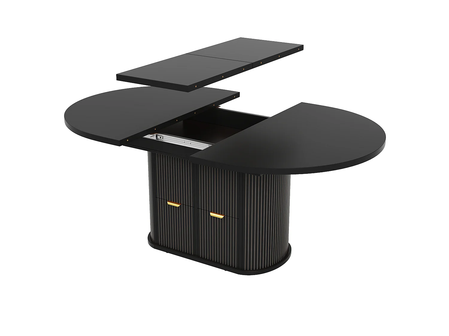 Table à Manger Ovale Extensible 118-158cm - Table Repas Multifonction avec Tiroirs, Portes Abattantes & Reliefs Verticaux - Noir
