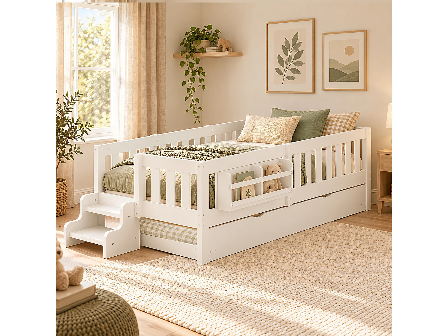 Lit pour enfant 90x200 cm – Avec lit gigogne – Avec barrière de sécurité – Blanc (matelas non inclus)