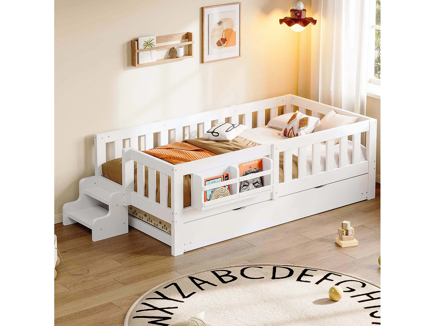 Lit pour enfant 90x200 cm – Avec lit gigogne – Avec barrière de sécurité – Blanc (matelas non inclus)