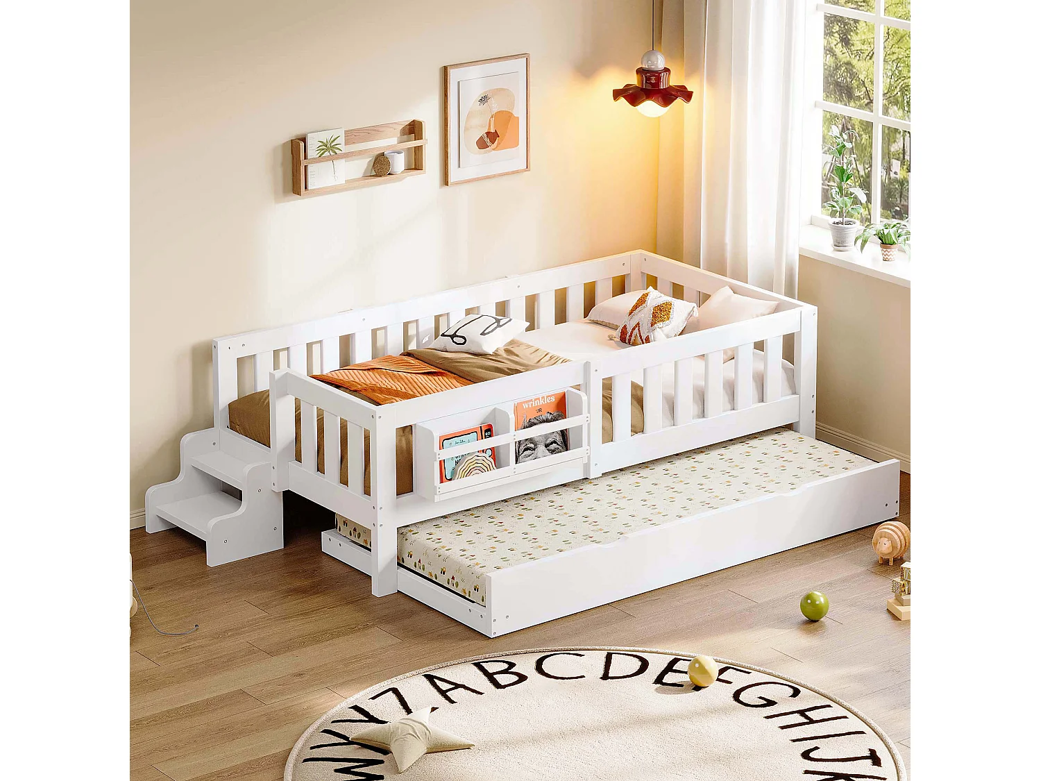 Lit pour enfant 90x200 cm – Avec lit gigogne – Avec barrière de sécurité – Blanc (matelas non inclus)