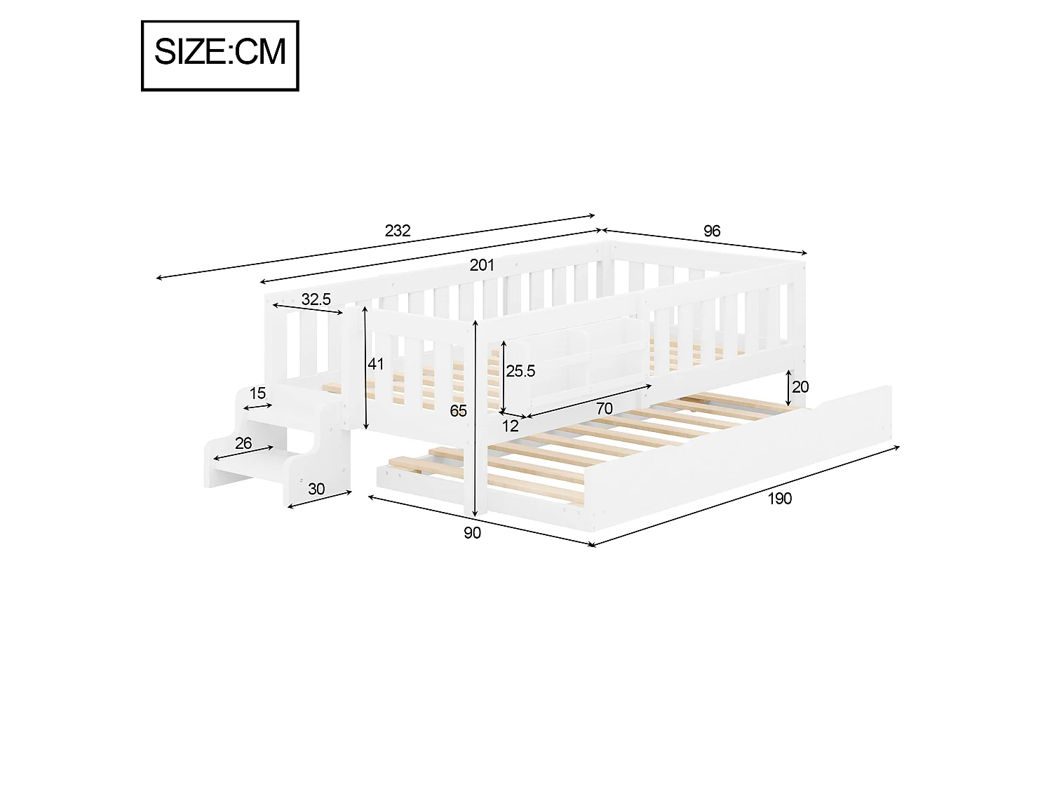 Lit pour enfant 90x200 cm – Avec lit gigogne – Avec barrière de sécurité – Blanc (matelas non inclus)