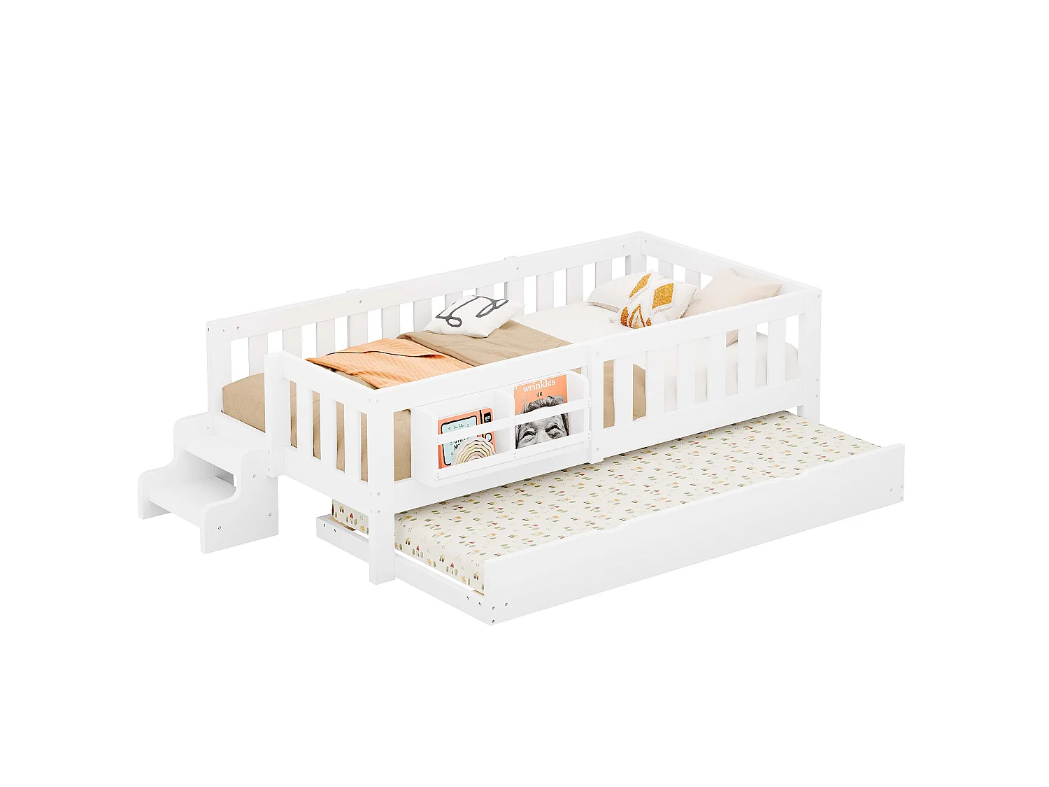Lit pour enfant 90x200 cm – Avec lit gigogne – Avec barrière de sécurité – Blanc (matelas non inclus)