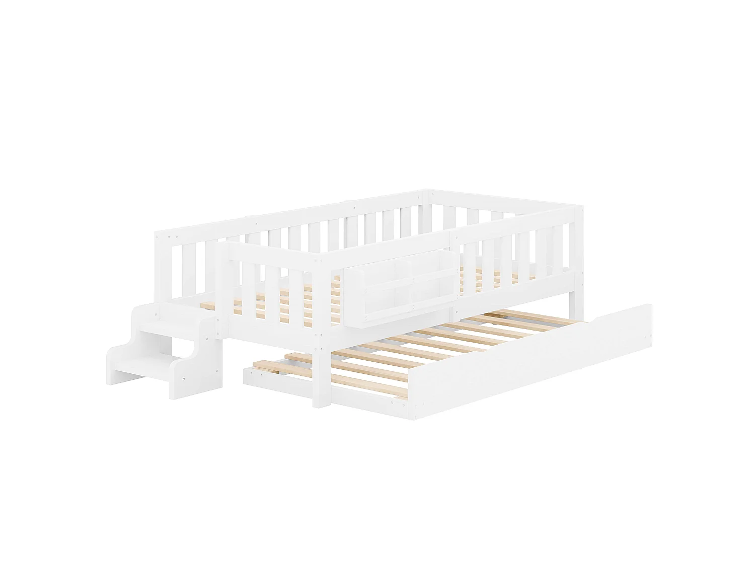 Lit pour enfant 90x200 cm – Avec lit gigogne – Avec barrière de sécurité – Blanc (matelas non inclus)