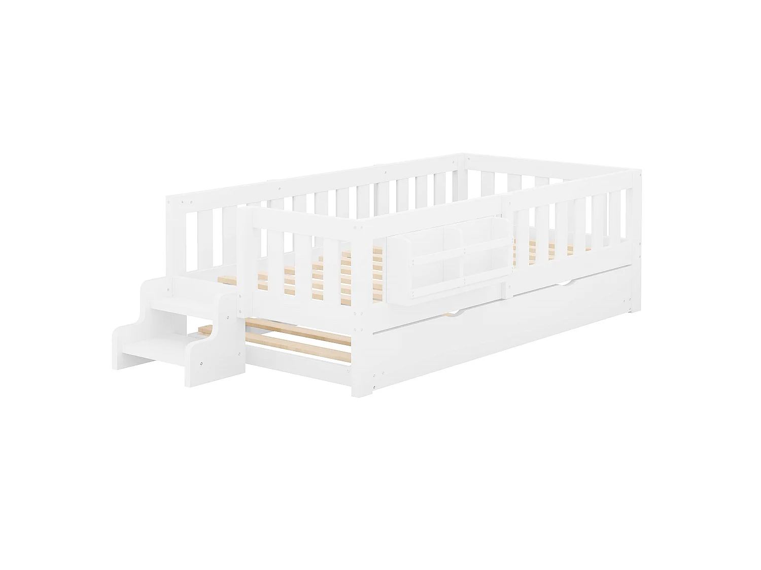 Lit pour enfant 90x200 cm – Avec lit gigogne – Avec barrière de sécurité – Blanc (matelas non inclus)
