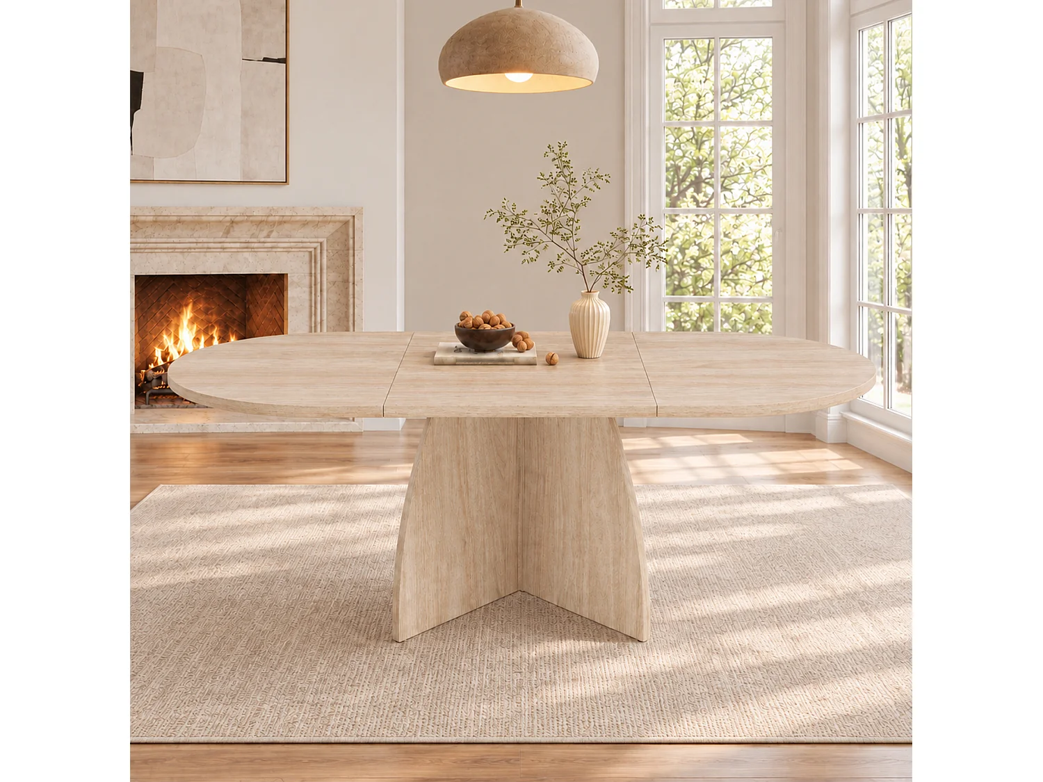Table à manger extensible 120/180x90 cm -  Pour 6 à 8 personnes - Coins arrondis - Finition effet travertin - MDF - Naturel