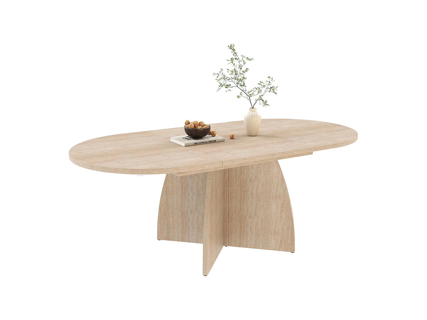 Table à manger extensible 120/180x90 cm -  Pour 6 à 8 personnes - Coins arrondis - Finition effet travertin - MDF - Naturel