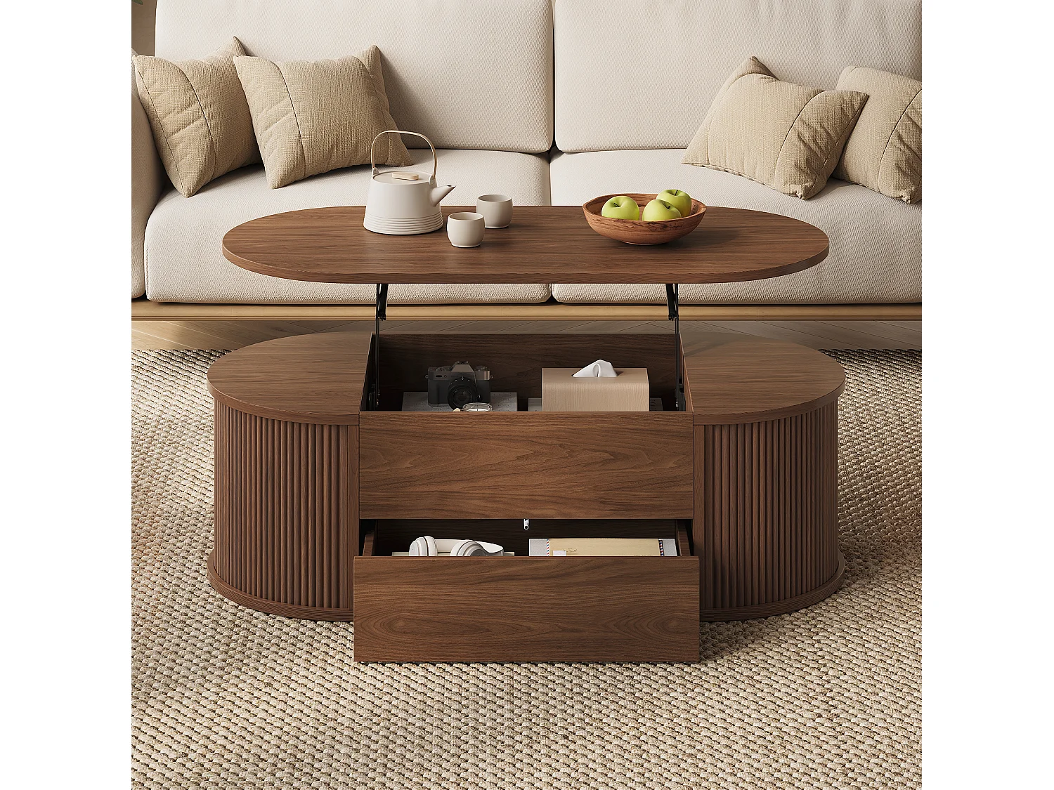Table basse relevable 100x50x35 cm - 1 tiroir et rangement dissimulé - Finition effet bois - Design ovale - Marron