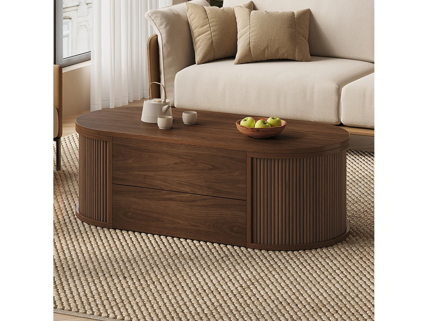 Table basse relevable 100x50x35 cm - 1 tiroir et rangement dissimulé - Finition effet bois - Design ovale - Marron