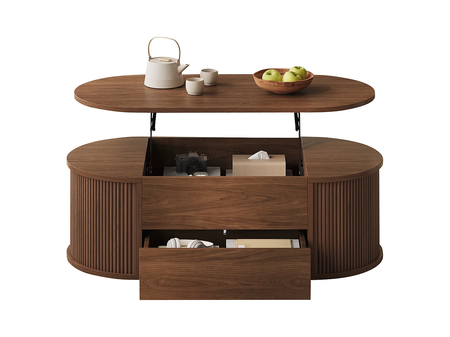 Table basse relevable 100x50x35 cm - 1 tiroir et rangement dissimulé - Finition effet bois - Design ovale - Marron