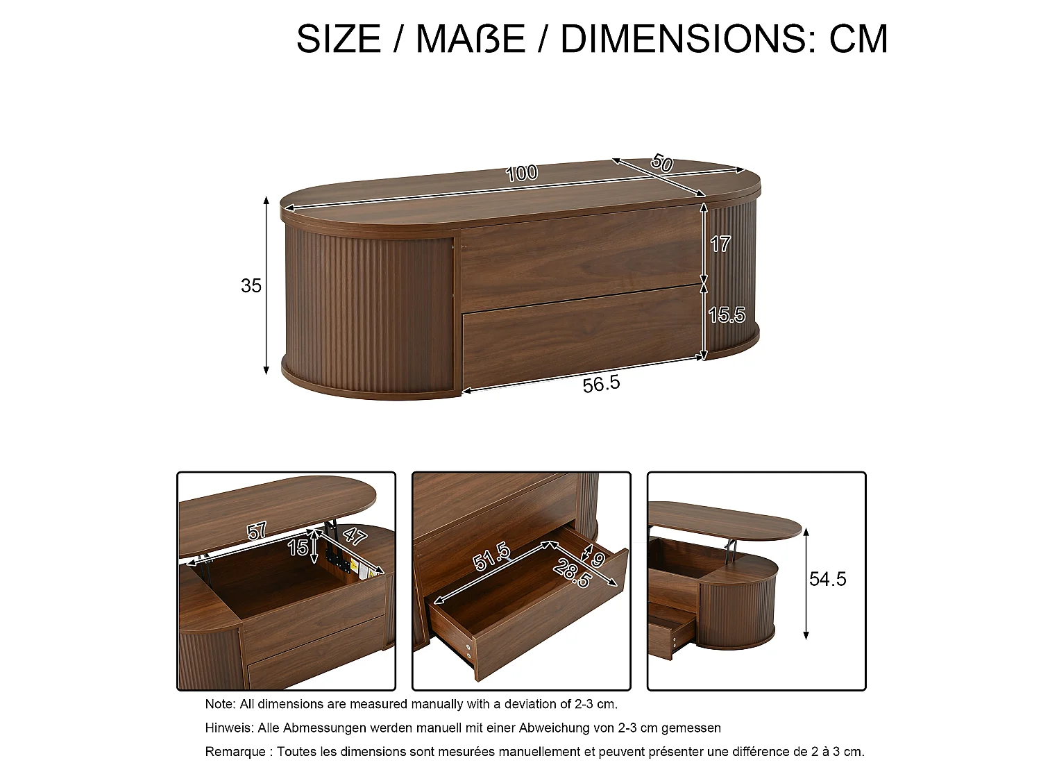 Table basse relevable 100x50x35 cm - 1 tiroir et rangement dissimulé - Finition effet bois - Design ovale - Marron