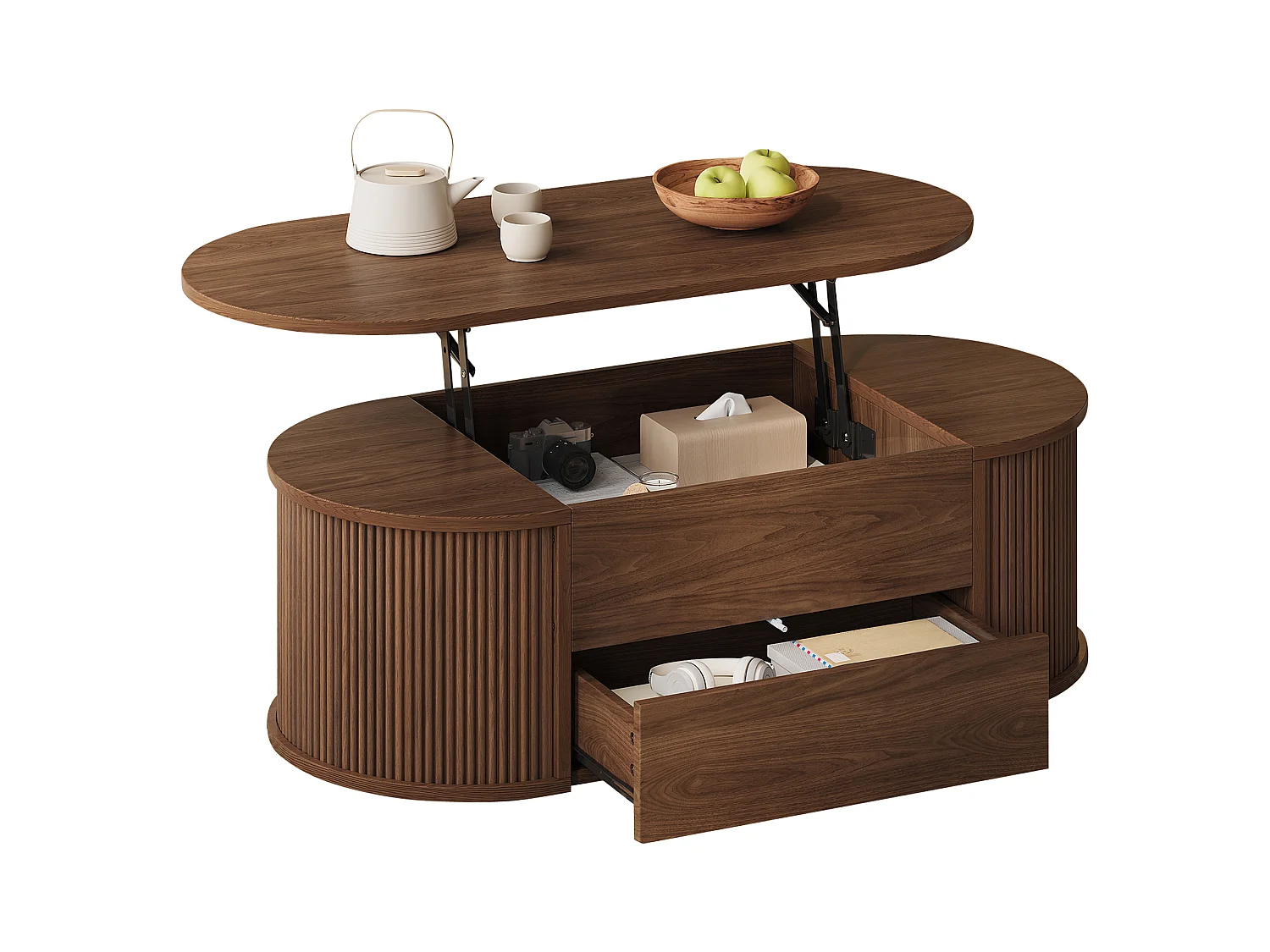 Table basse relevable 100x50x35 cm - 1 tiroir et rangement dissimulé - Finition effet bois - Design ovale - Marron