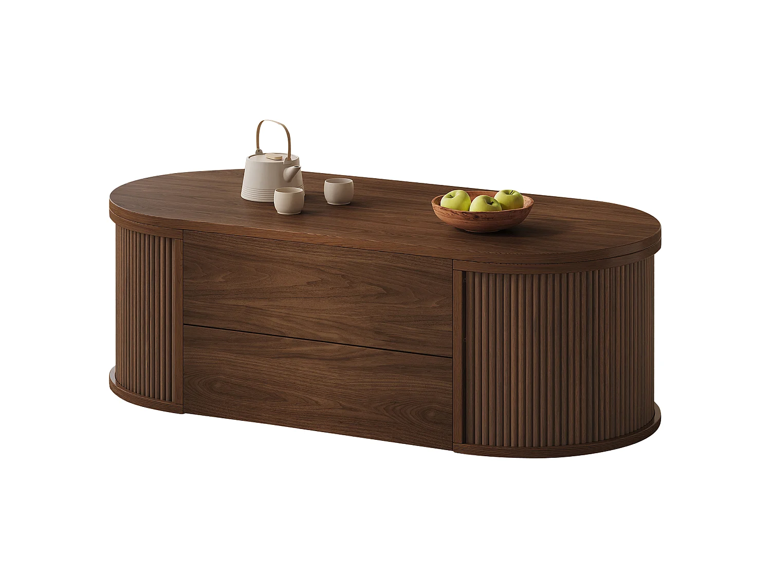 Table basse relevable 100x50x35 cm - 1 tiroir et rangement dissimulé - Finition effet bois - Design ovale - Marron